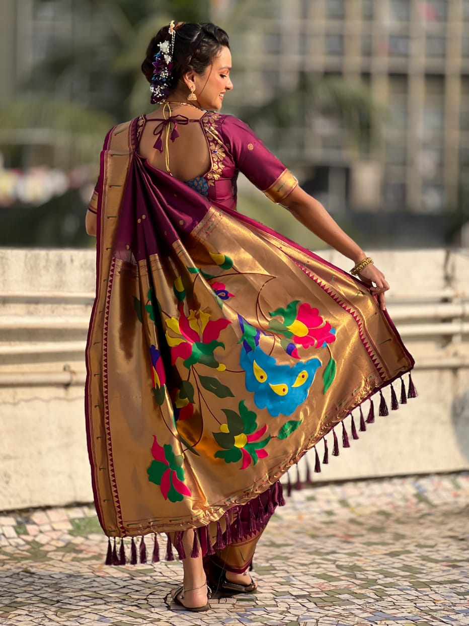 Wine Wedding Special Nauvari Paithani Soft Silk Saree ##color## Paithani Saree with premium fabric and embroidery