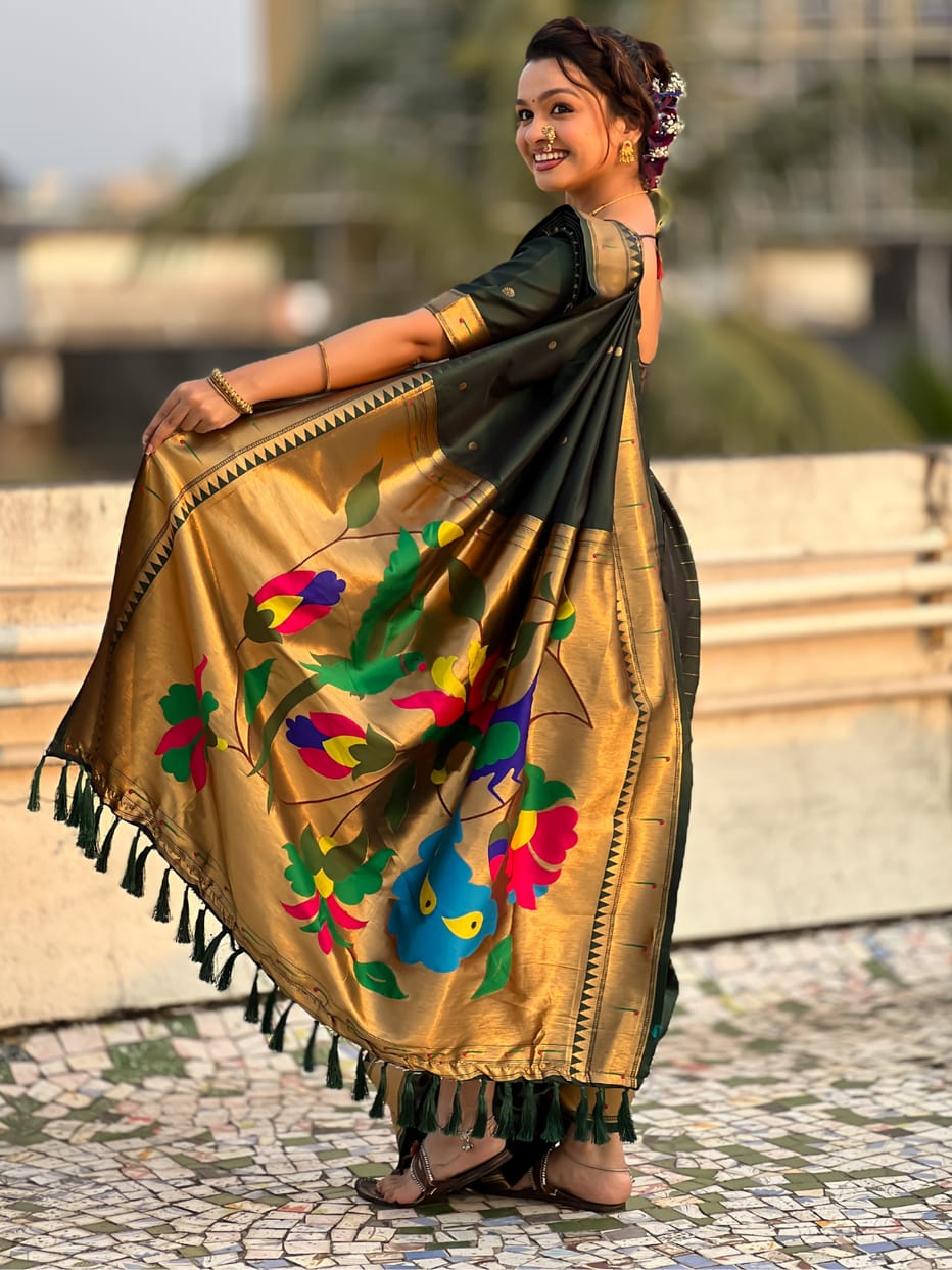 Bottle Green Wedding Special Nauvari Paithani Soft Silk Saree 