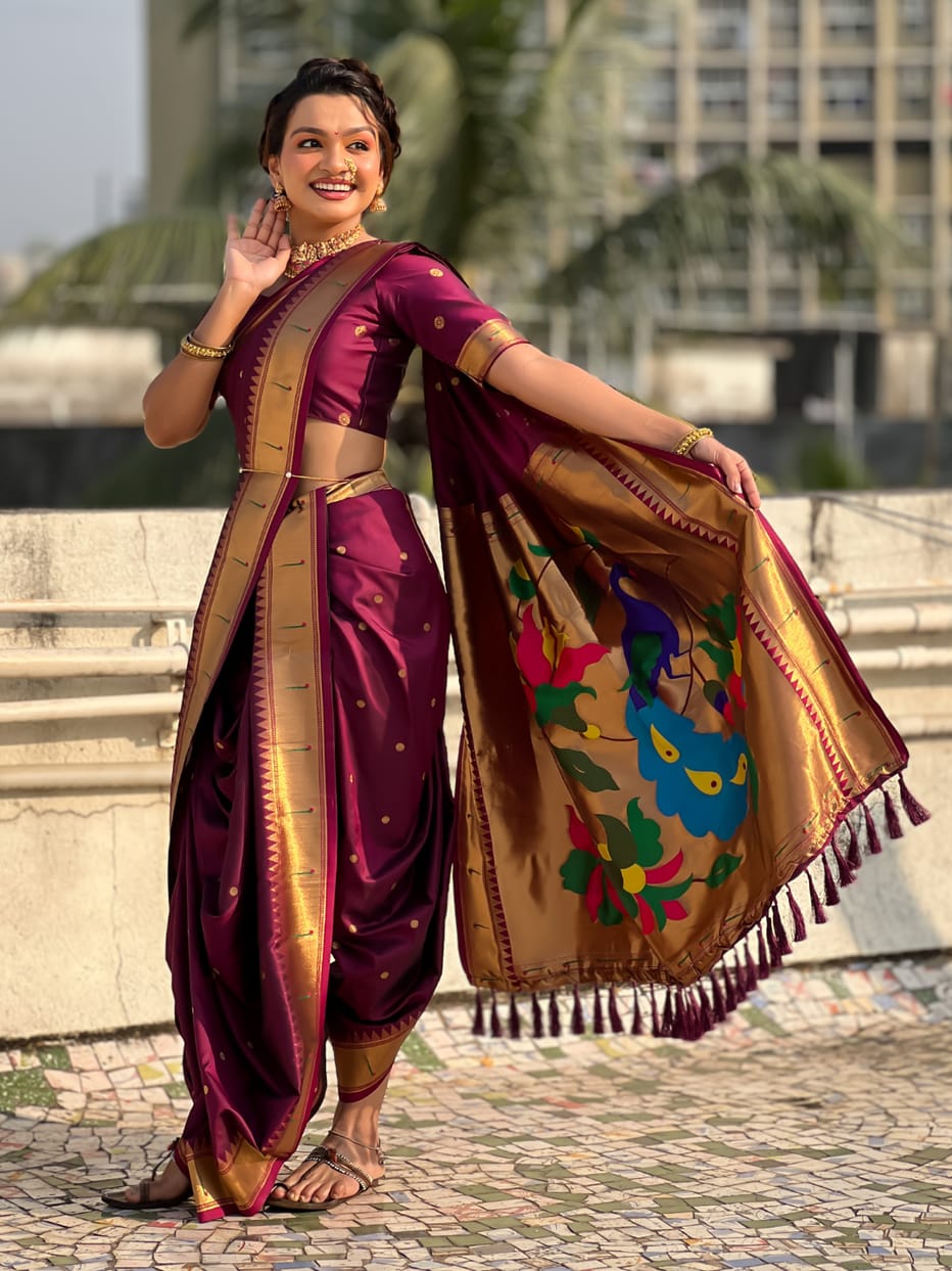Wine Wedding Special Nauvari Paithani Soft Silk Saree ##color## Paithani Saree with premium fabric and embroidery
