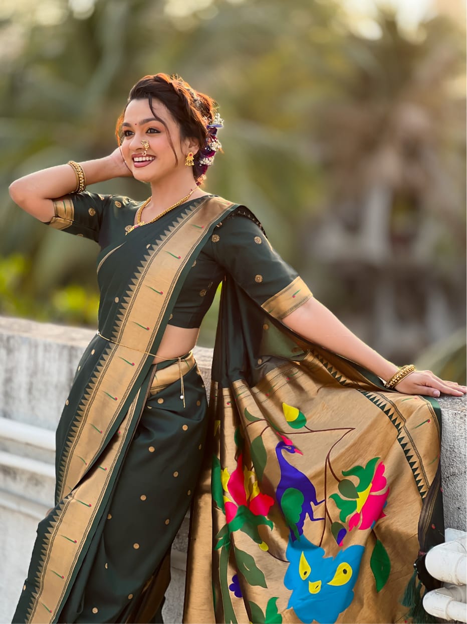 Bottle Green Wedding Special Nauvari Paithani Soft Silk Saree ##color## Paithani Saree with premium fabric and embroidery