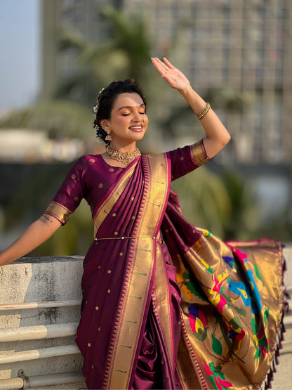 Wine Wedding Special Nauvari Paithani Soft Silk Saree 
