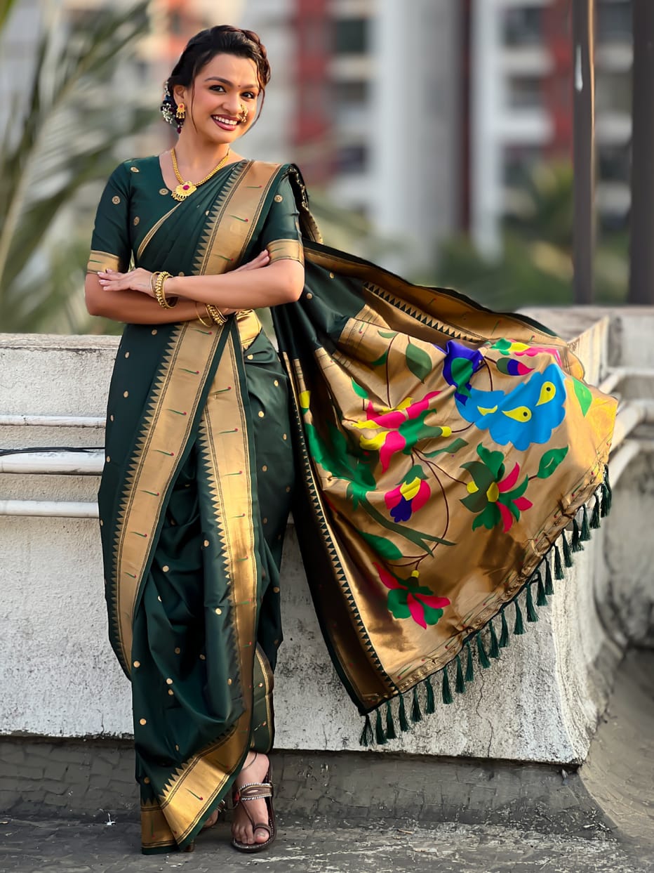 Bottle Green Wedding Special Nauvari Paithani Soft Silk Saree ##color## Paithani Saree with premium fabric and embroidery