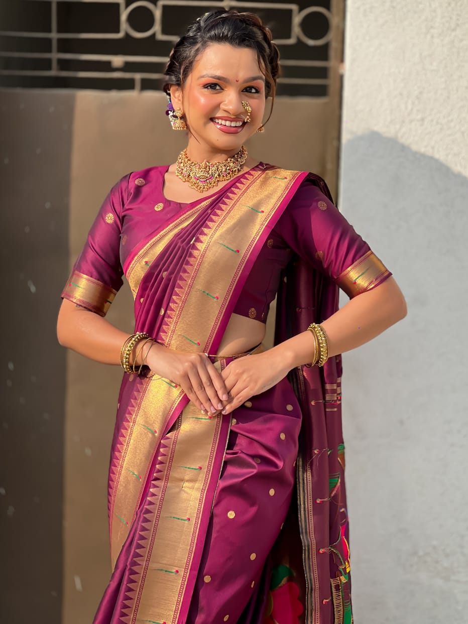 Wine Wedding Special Nauvari Paithani Soft Silk Saree ##color## Paithani Saree with premium fabric and embroidery