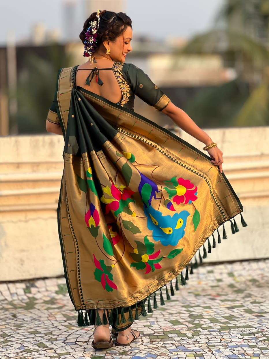Bottle Green Wedding Special Nauvari Paithani Soft Silk Saree 