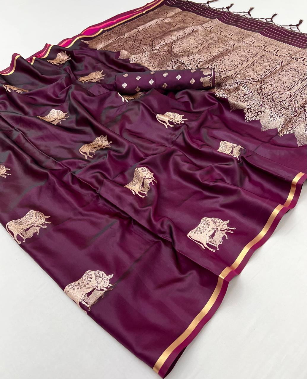 Wine Pure Soft Satin Pichwai Handloom Weaving Saree 