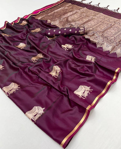 Wine Pure Soft Satin Pichwai Handloom Weaving Saree 