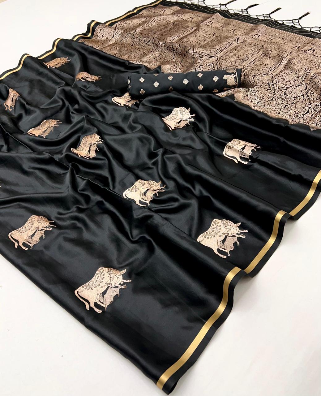 Black Pure Soft Satin Pichwai Handloom Weaving Saree ##color## Japan Satin Saree with premium fabric and embroidery