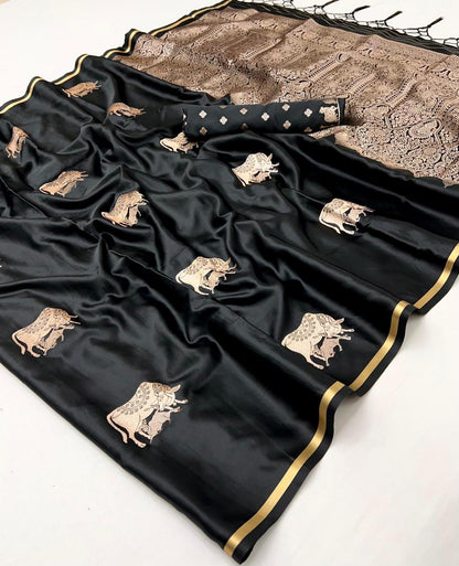 Black Pure Soft Satin Pichwai Handloom Weaving Saree 
