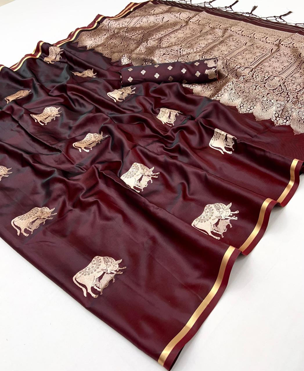 Maroon Pure Soft Satin Pichwai Handloom Weaving Saree ##color## Japan Satin Saree with premium fabric and embroidery