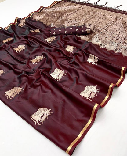 Maroon Pure Soft Satin Pichwai Handloom Weaving Saree 
