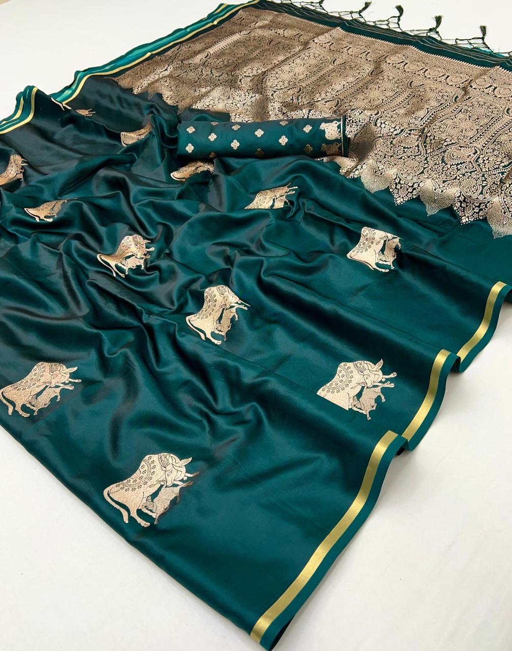 Green Pure Soft Satin Pichwai Handloom Weaving Saree ##color## Japan Satin Saree with premium fabric and embroidery