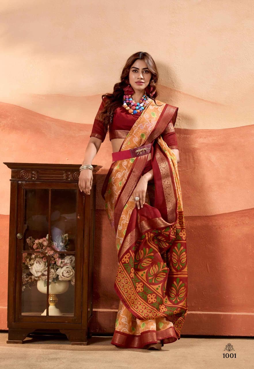 Mustard Pure Soft Cotton Blend Printed Saree 