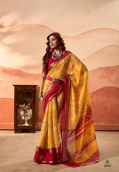 Yellow Pure Soft Cotton Blend Printed Saree 
