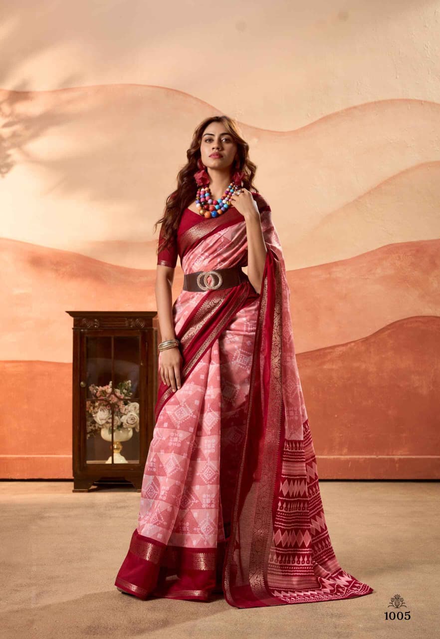 Gajri Pink Pure Soft Cotton Blend Printed Saree 