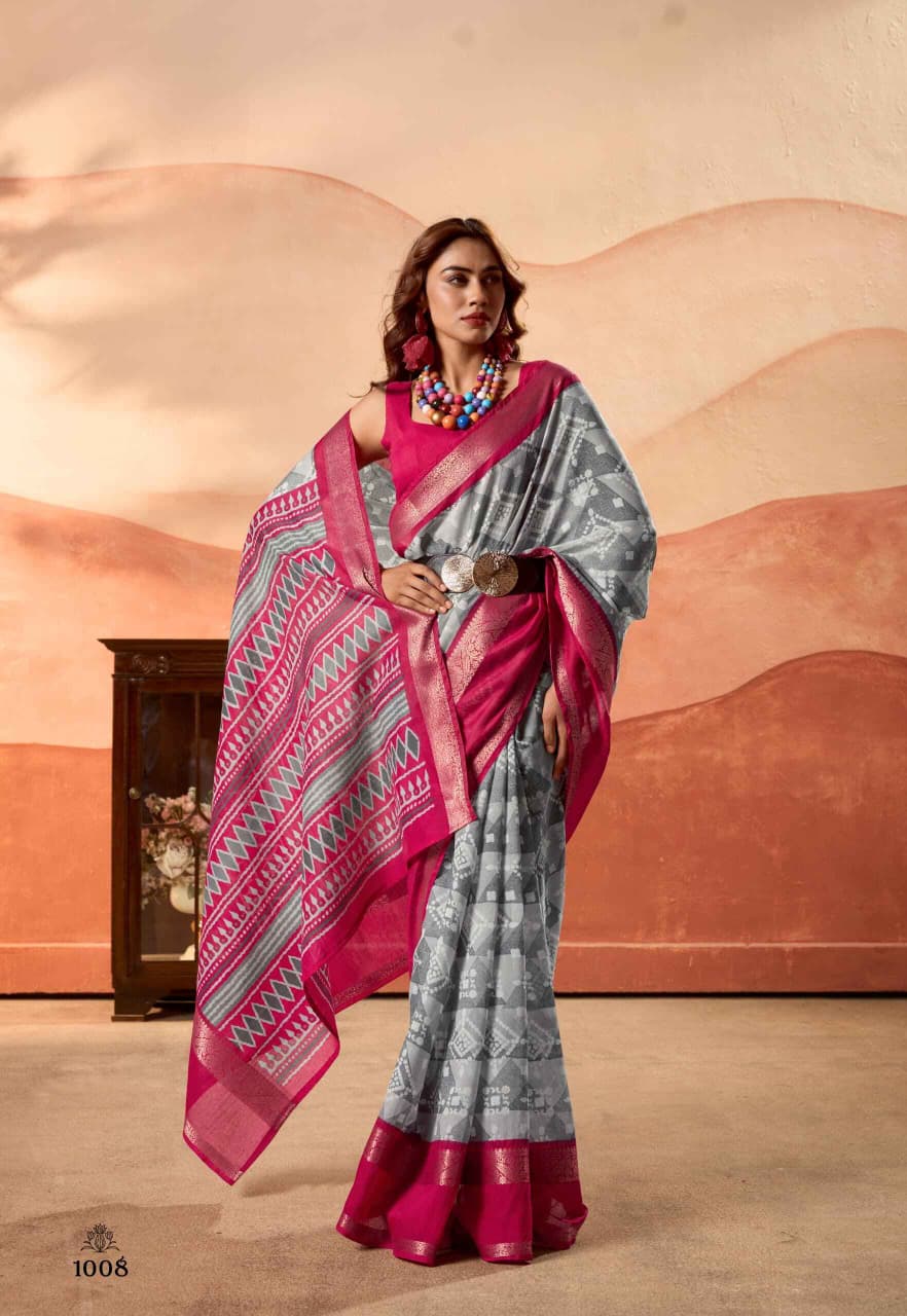 Grey Pure Soft Cotton Blend Printed Saree 