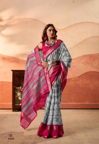 Grey Pure Soft Cotton Blend Printed Saree 