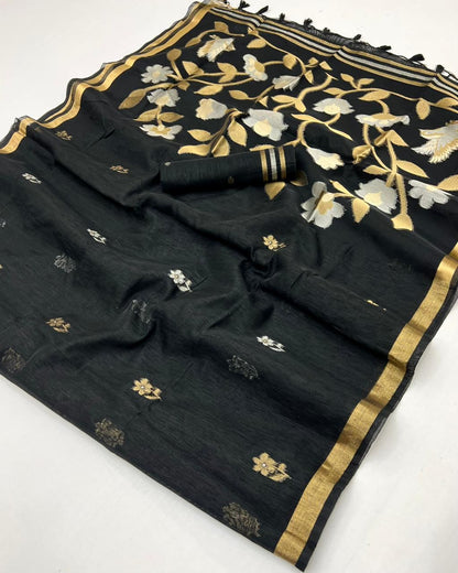 Black Pure Soft Munga Silk Handloom Weaving Saree 