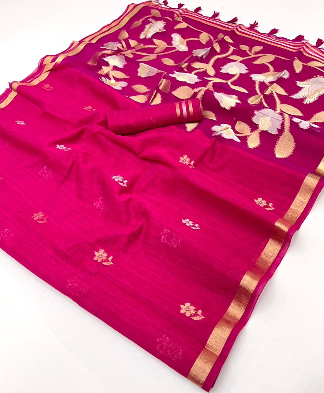 Rani Pink Pure Soft Munga Silk Handloom Weaving Saree ##color## Moonga Silk Saree with premium fabric and embroidery