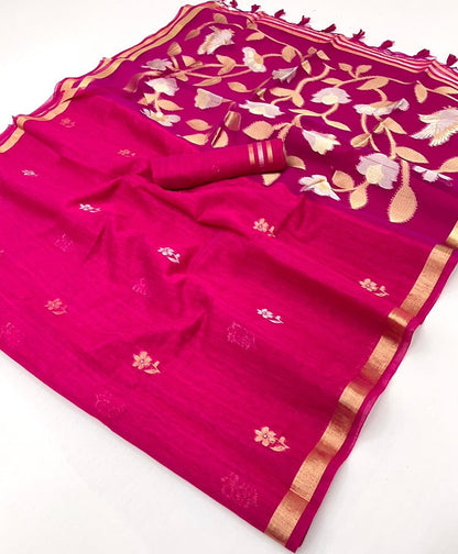 Rani Pink Pure Soft Munga Silk Handloom Weaving Saree 