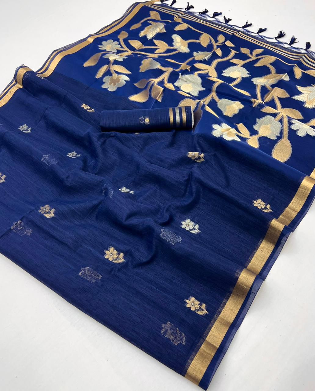 Blue Pure Soft Munga Silk Handloom Weaving Saree 