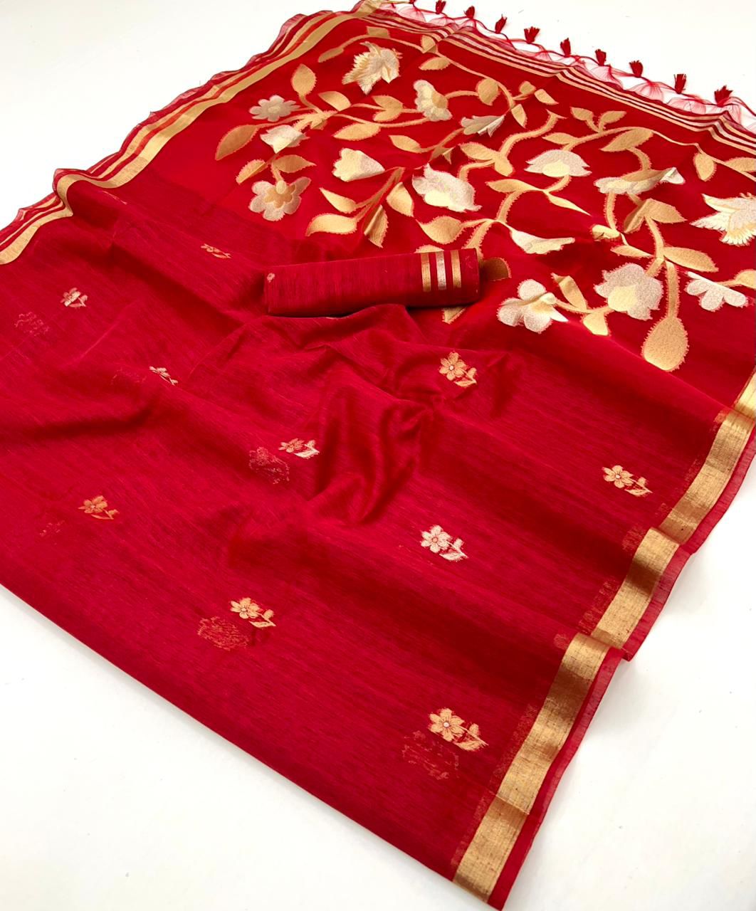 Red Pure Soft Munga Silk Handloom Weaving Saree ##color## Moonga Silk Saree with premium fabric and embroidery