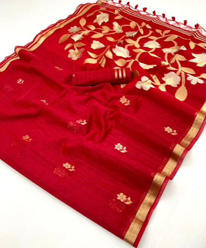 Red Pure Soft Munga Silk Handloom Weaving Saree 