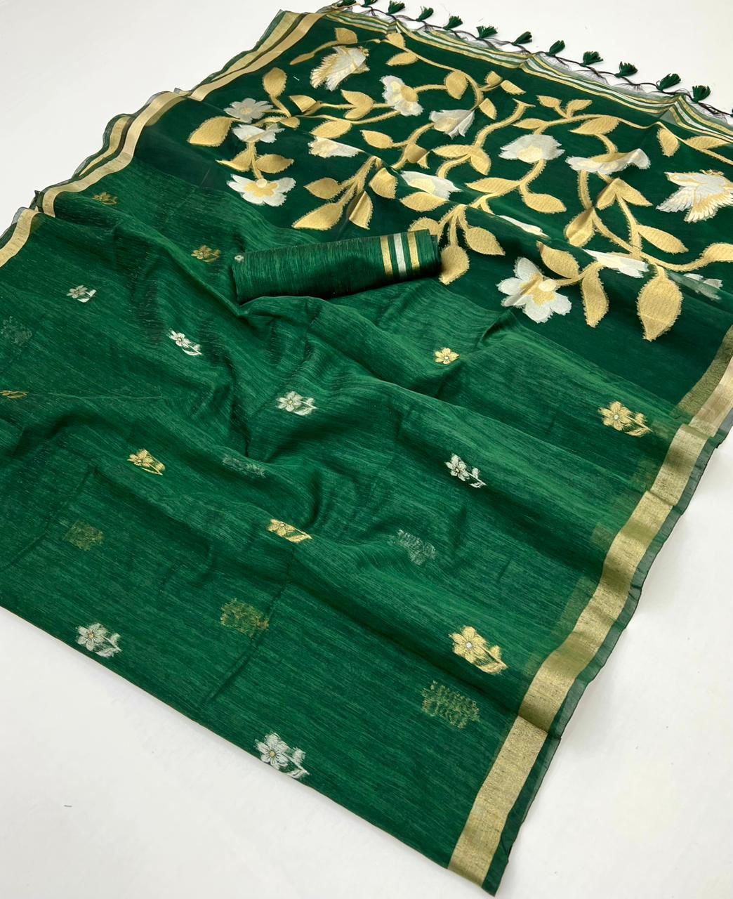 Green Pure Soft Munga Silk Handloom Weaving Saree 