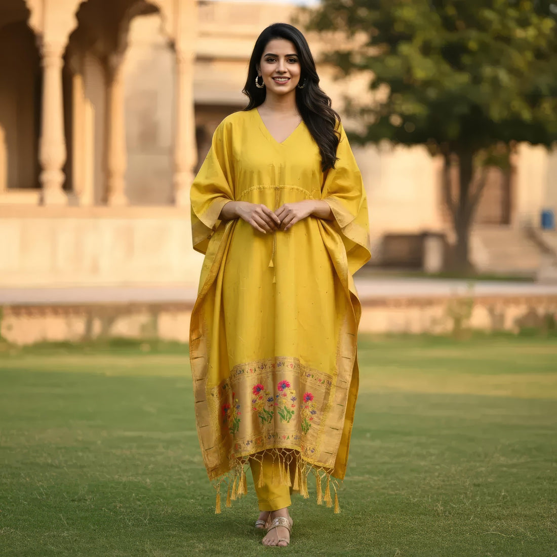 Yellow Pure Soft Soft Silk Paithani Kaftan 
