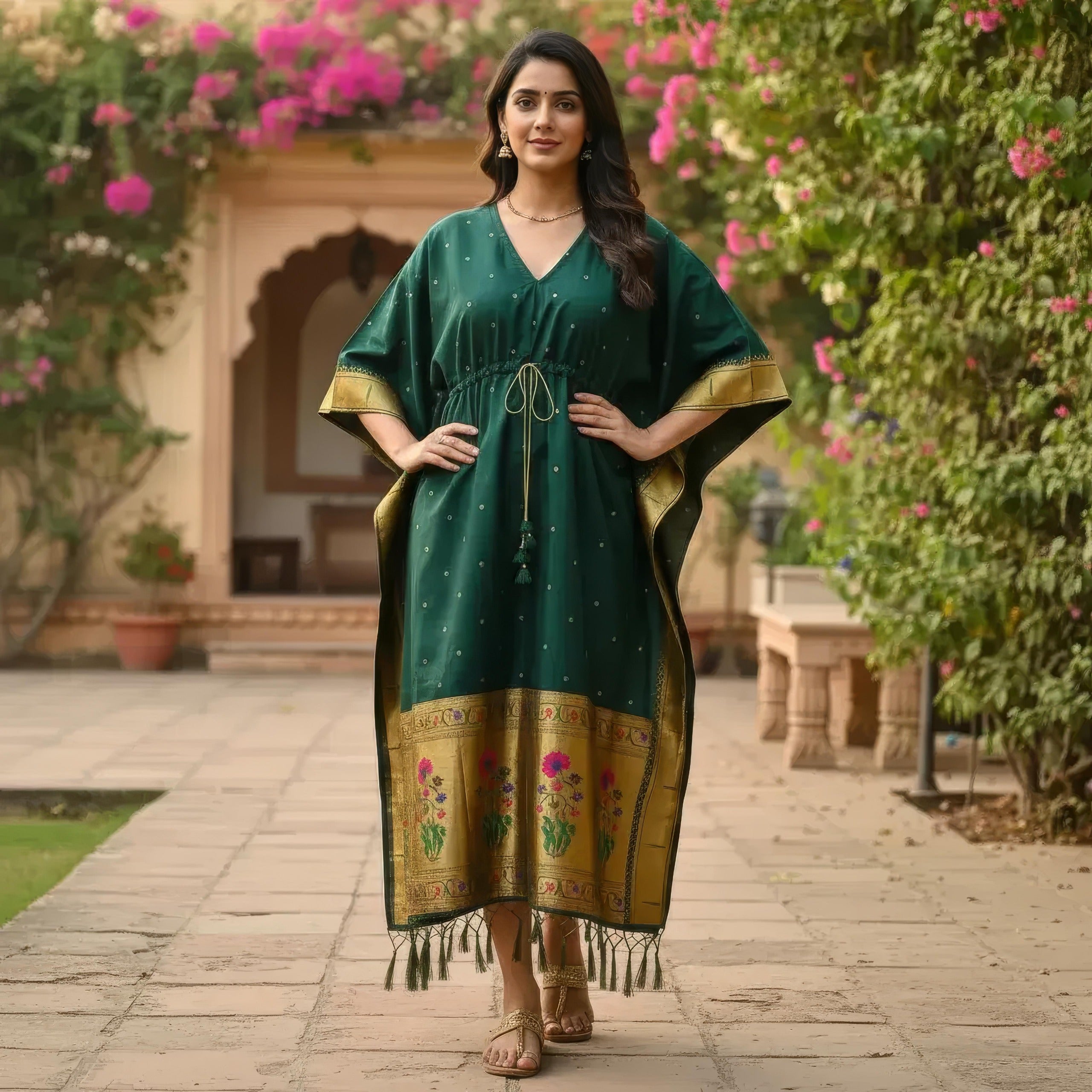 Green Pure Soft Soft Silk Paithani Kaftan ##color## kaftan with premium fabric and embroidery