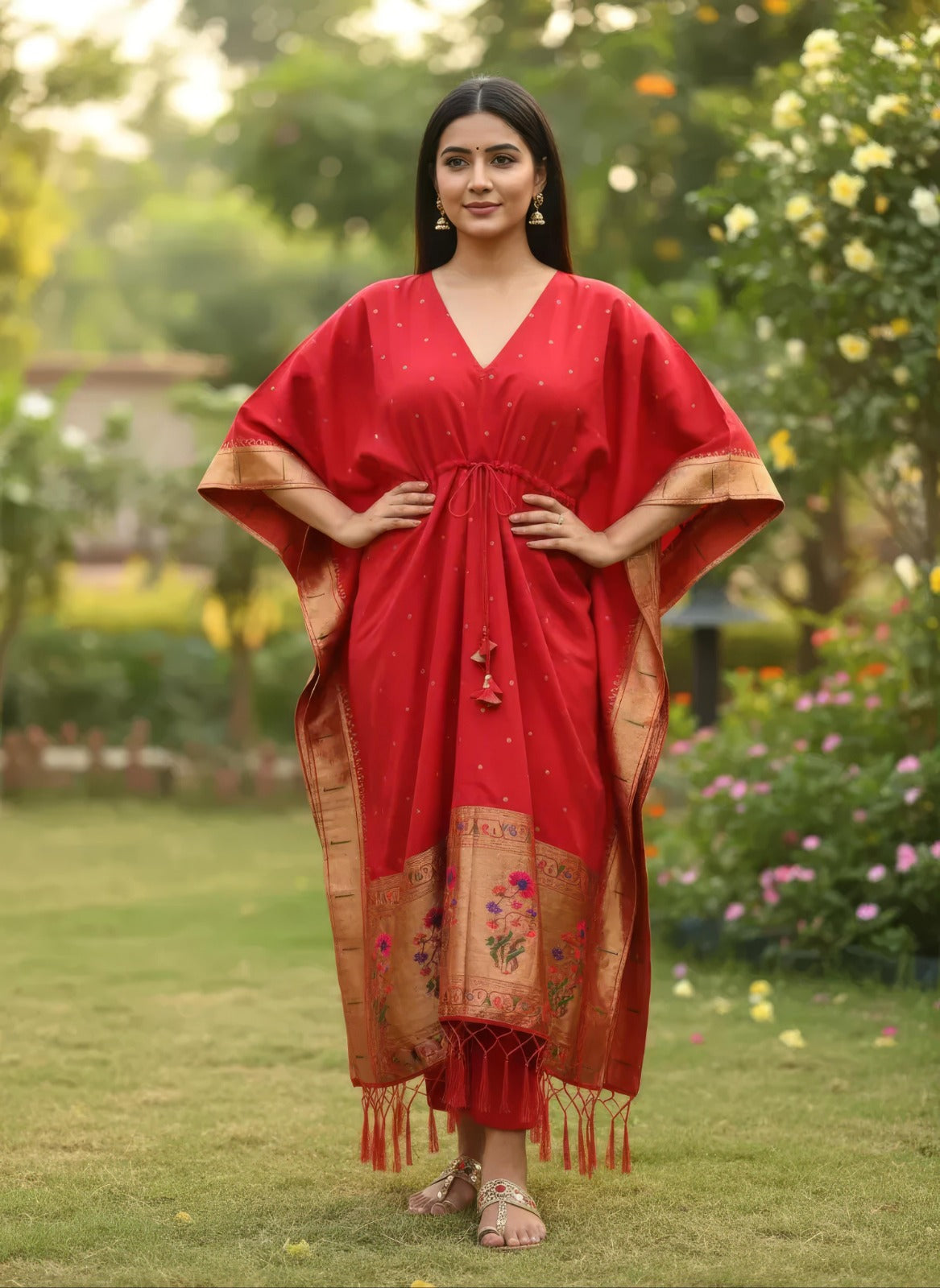 Red Pure Soft Soft Silk Paithani Kaftan ##color## kaftan with premium fabric and embroidery