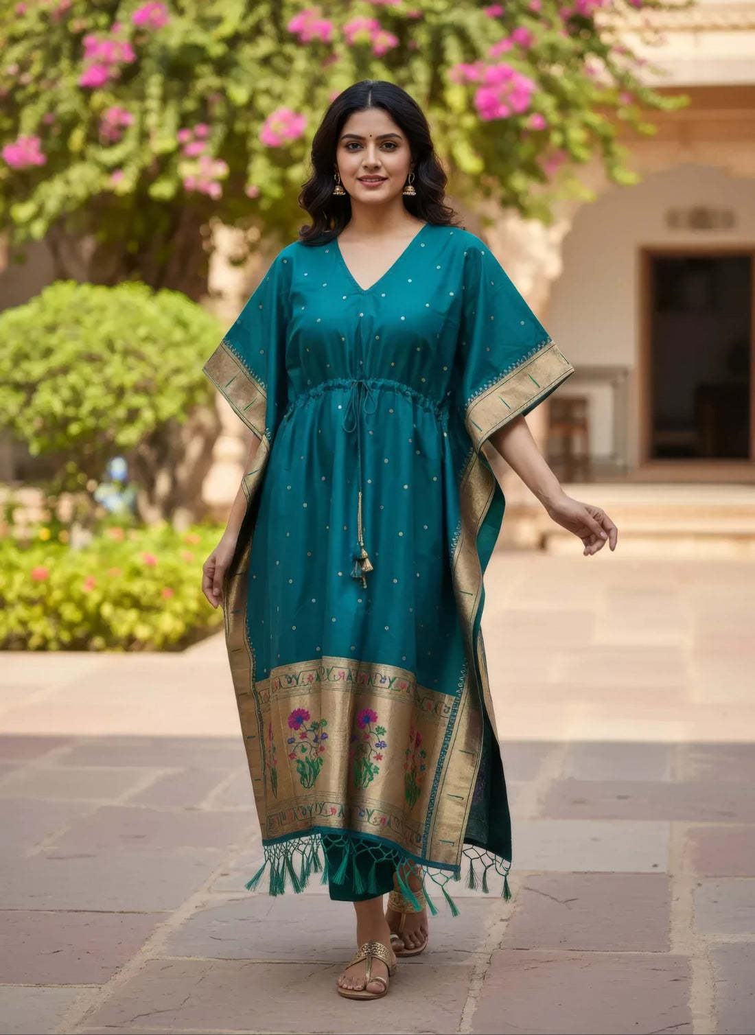 Teal Pure Soft Soft Silk Paithani Kaftan 