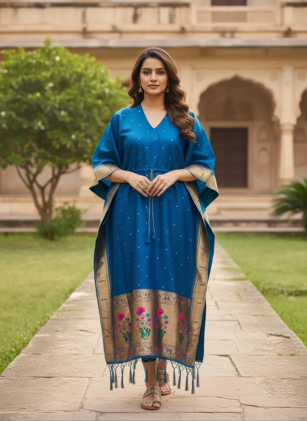 Teal Blue Pure Soft Soft Silk Paithani Kaftan 