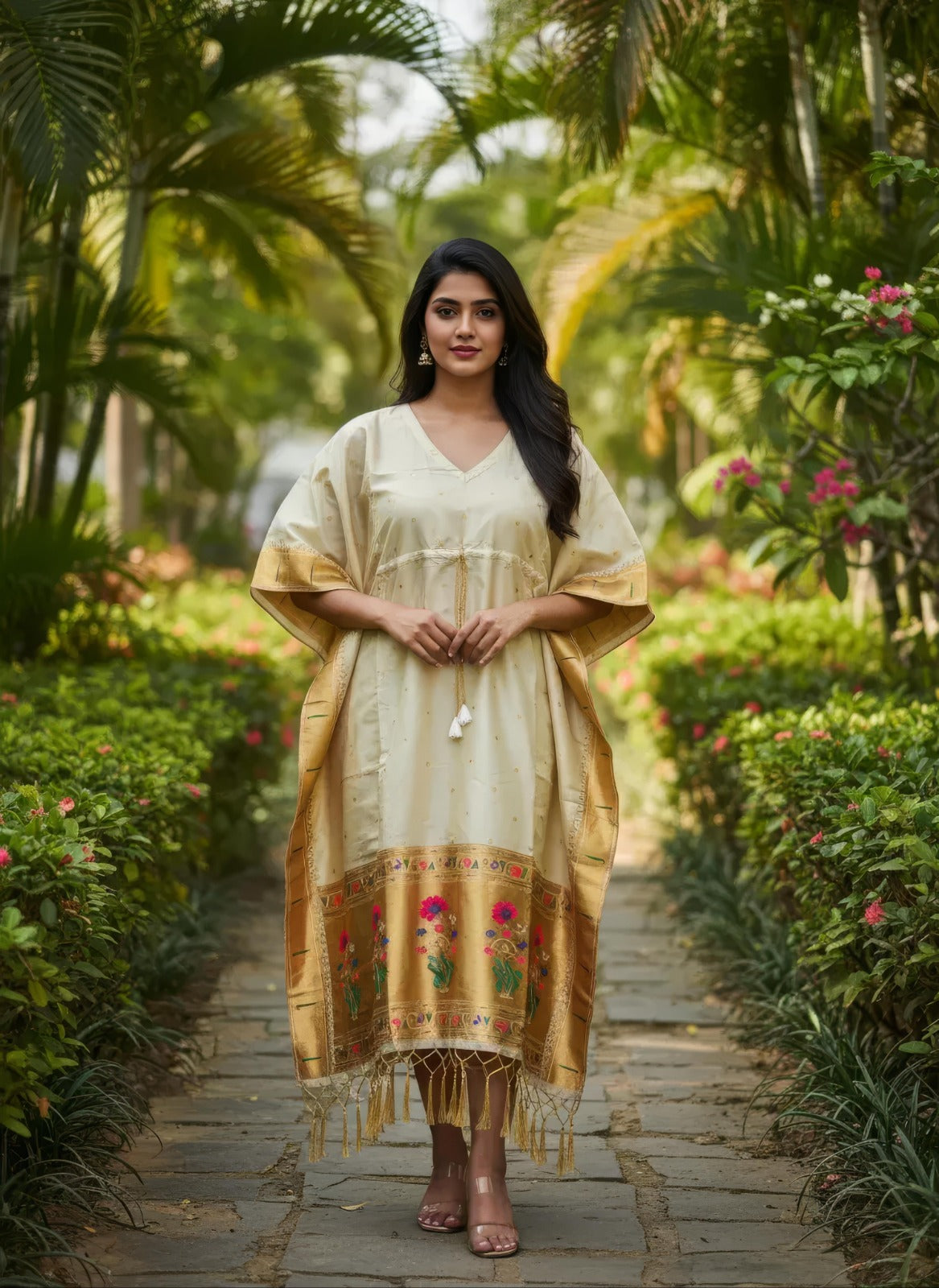 White Pure Soft Soft Silk Paithani Kaftan ##color## kaftan with premium fabric and embroidery