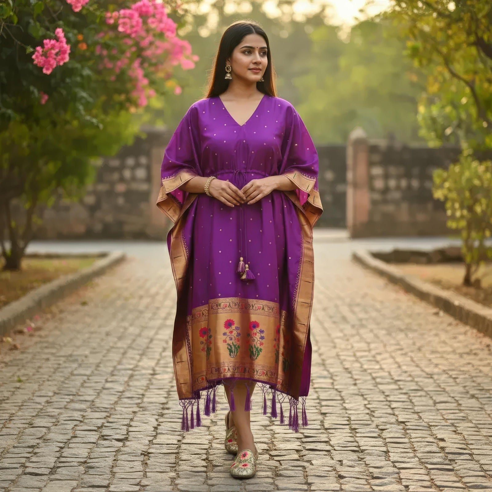 Purple Pure Soft Soft Silk Paithani Kaftan ##color## kaftan with premium fabric and embroidery