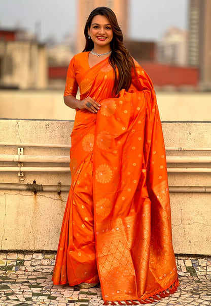 Orange Pure Soft Munga Silk Handloom Weaving Saree 