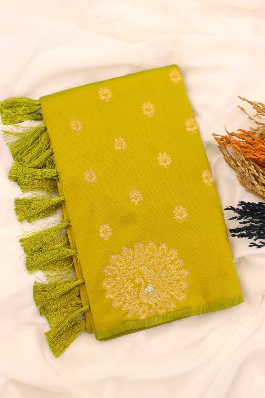Olive Pure Soft Munga Silk Handloom Weaving Saree 