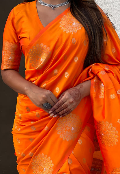 Orange Pure Soft Munga Silk Handloom Weaving Saree 