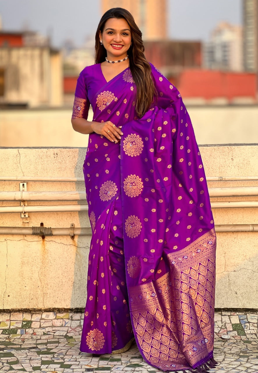 Purple Pure Soft Munga Silk Handloom Weaving Saree 