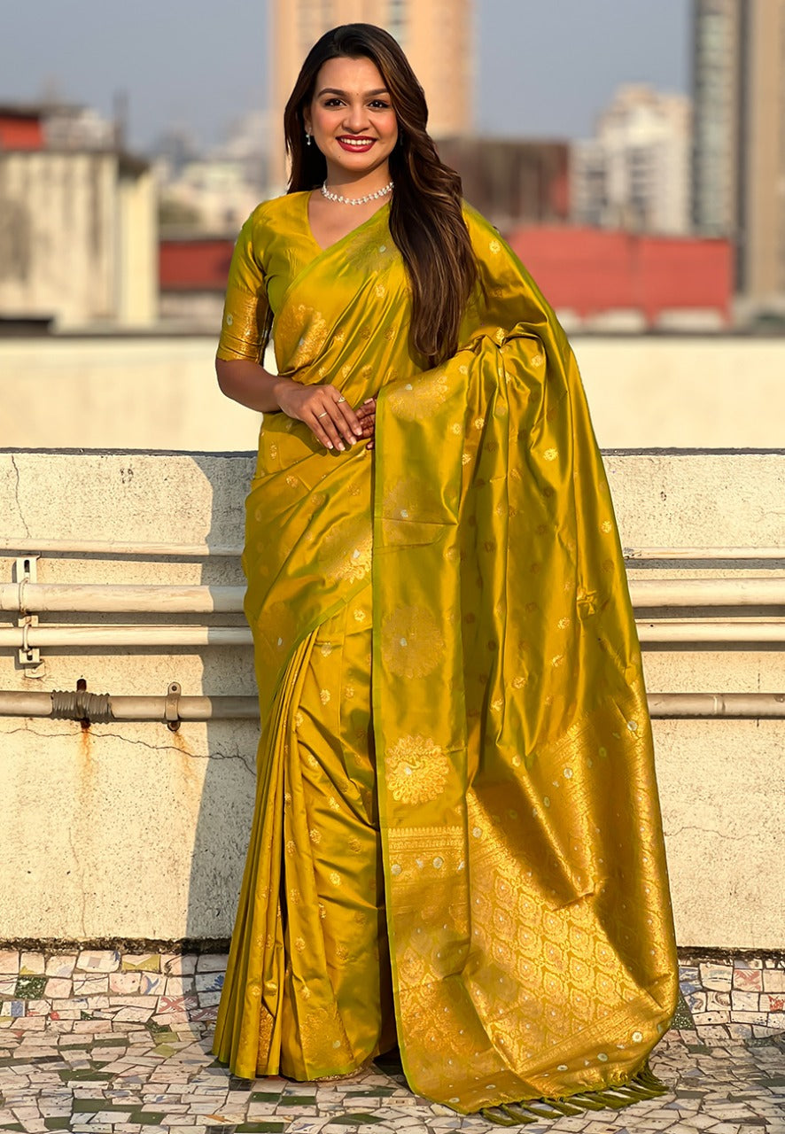 Olive Pure Soft Munga Silk Handloom Weaving Saree 