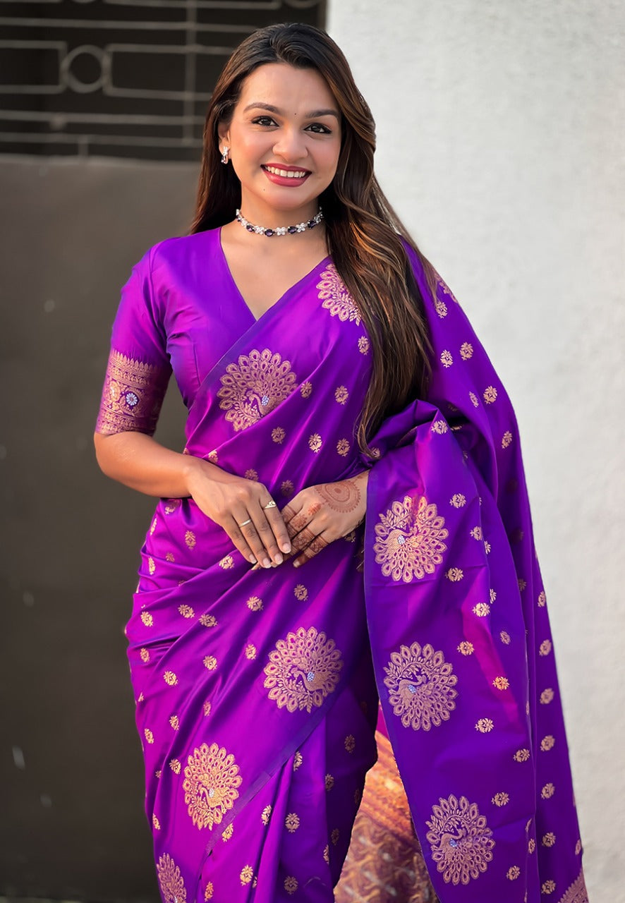 Purple Pure Soft Munga Silk Handloom Weaving Saree 