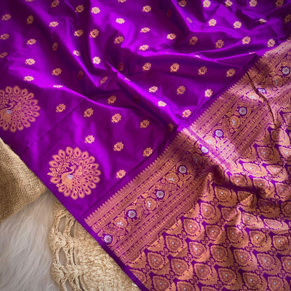 Purple Pure Soft Munga Silk Handloom Weaving Saree 