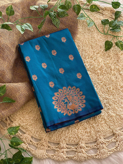 Aqua Pure Soft Munga Silk Handloom Weaving Saree 