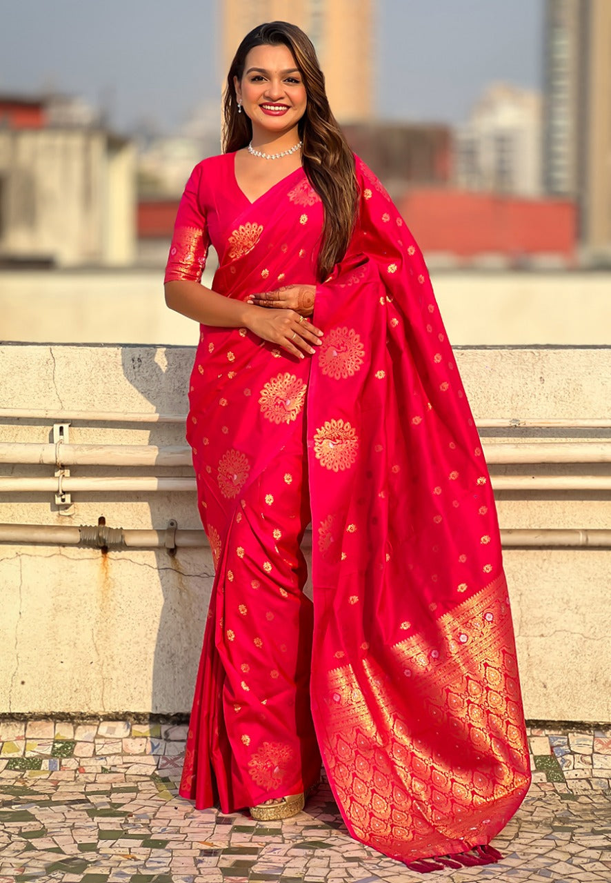 Pink Pure Soft Munga Silk Handloom Weaving Saree 