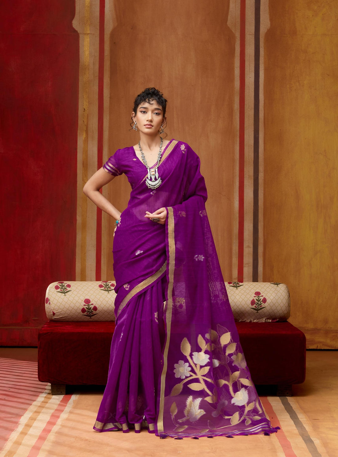 purple Pure Soft Munga Silk Handloom Weaving Saree 