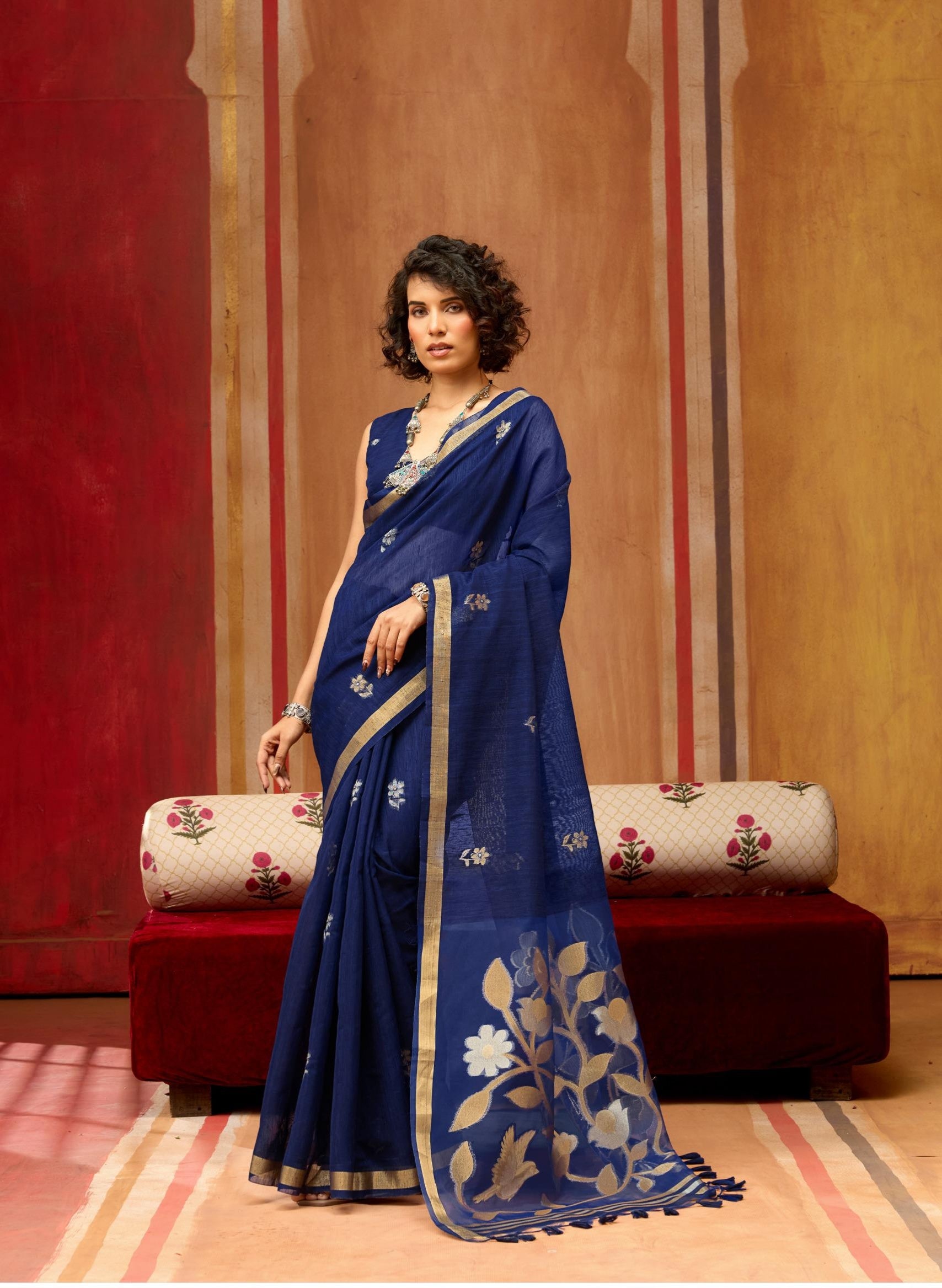 Blue Pure Soft Munga Silk Handloom Weaving Saree 
