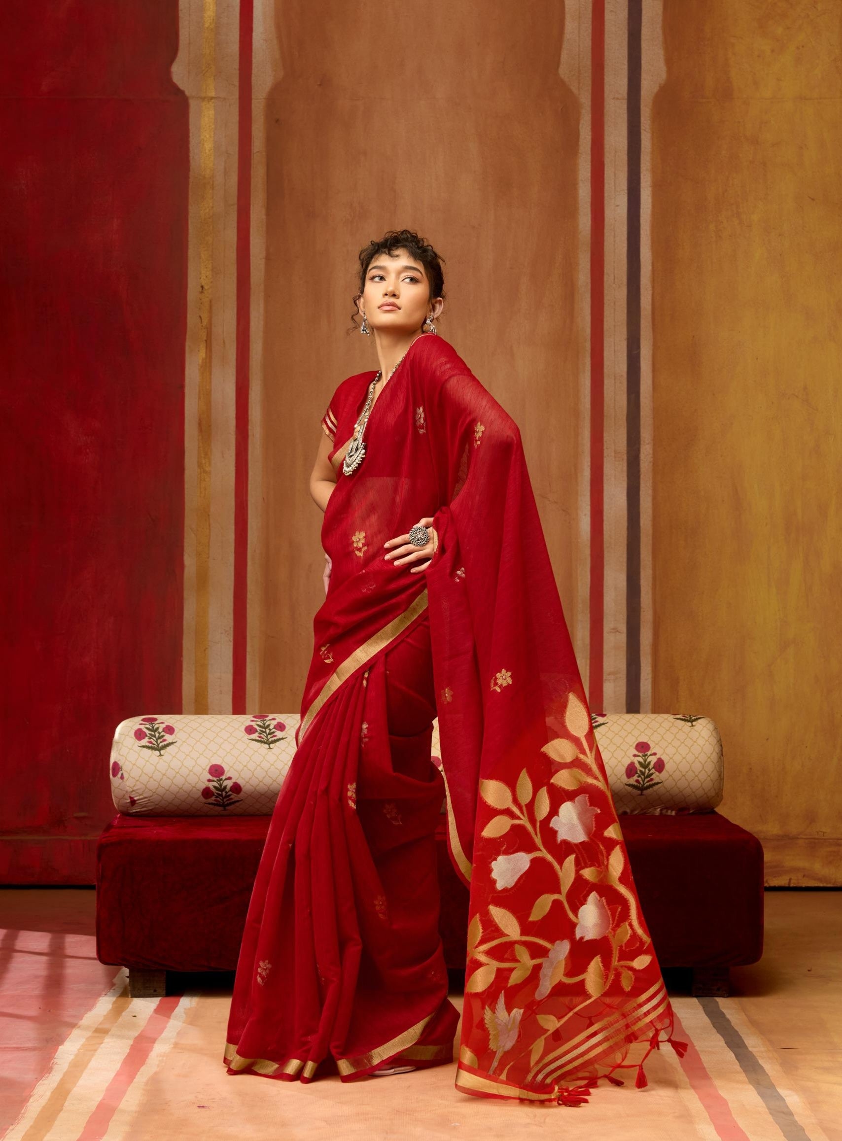 Red Pure Soft Munga Silk Handloom Weaving Saree ##color## Moonga Silk Saree with premium fabric and embroidery