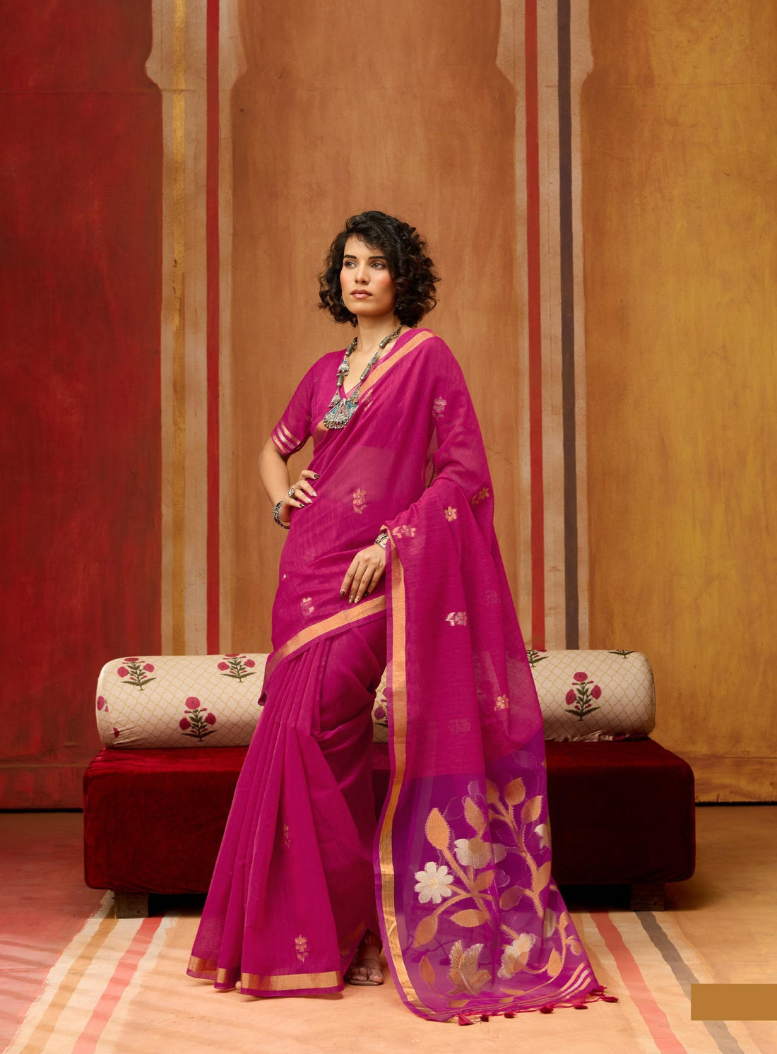 Rani Pink Pure Soft Munga Silk Handloom Weaving Saree 
