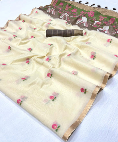 Cream Pure Soft Cotton Handloom Weaving Cotton Saree 