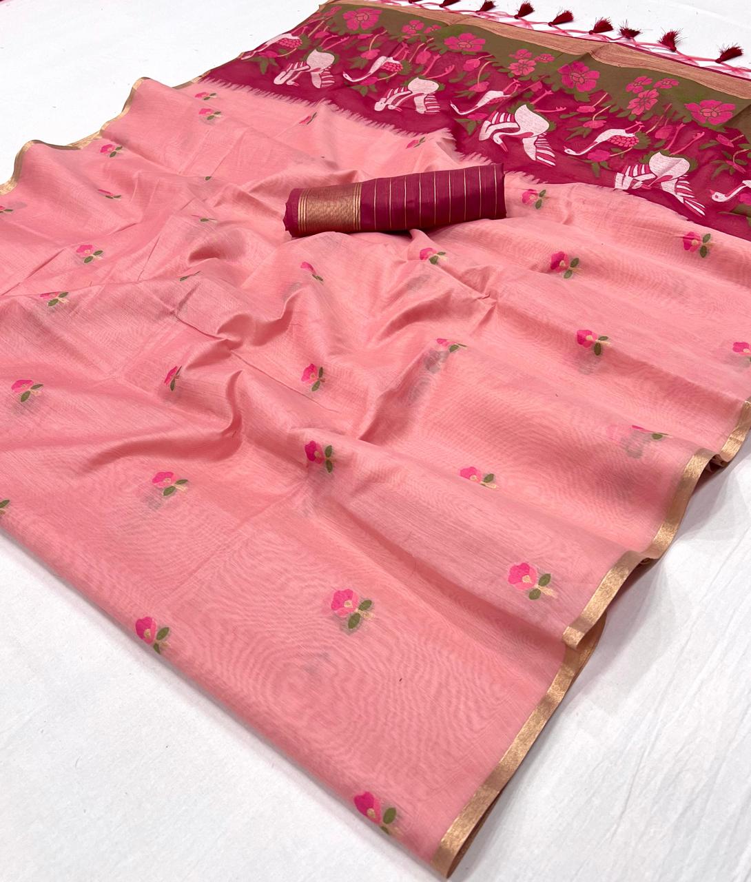 Pink Pure Soft Cotton Handloom Weaving Cotton Saree 