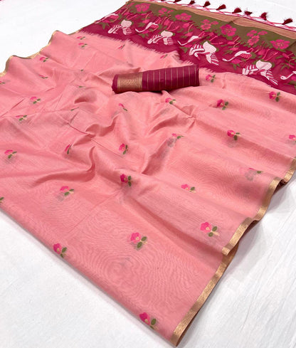 Pink Pure Soft Cotton Handloom Weaving Cotton Saree 